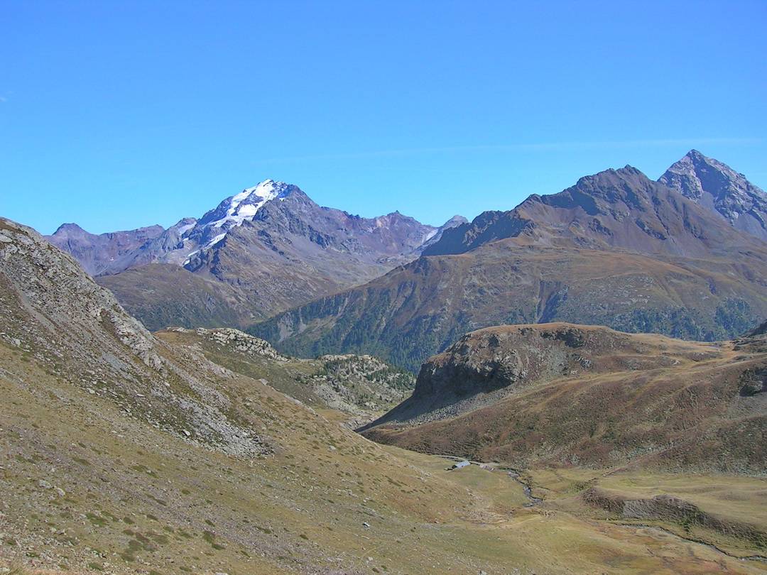 Trailspur ins Val Viola: am Trailende die Baita Pastore - im Hintergrund der vergletscherte Cima de Piazzi